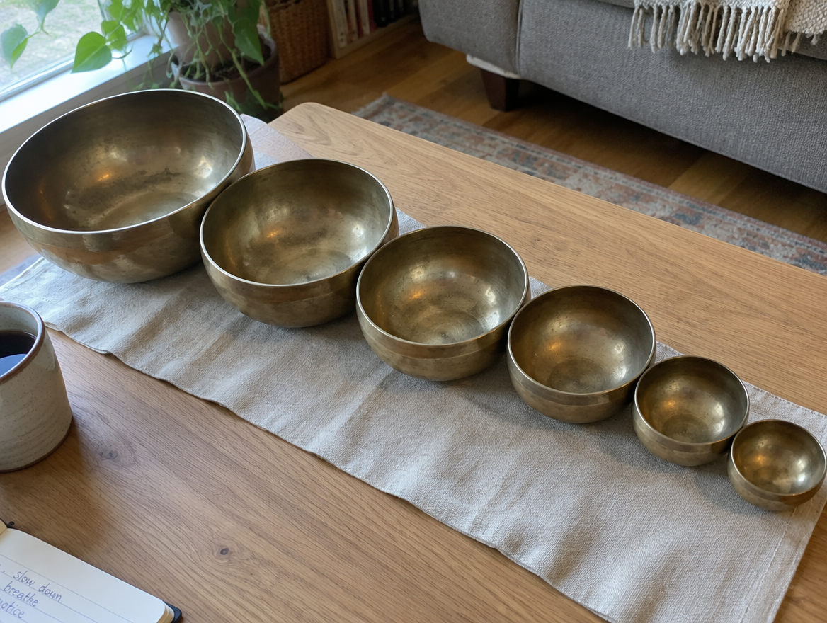 Nested set of seven graduated chakra singing bowls