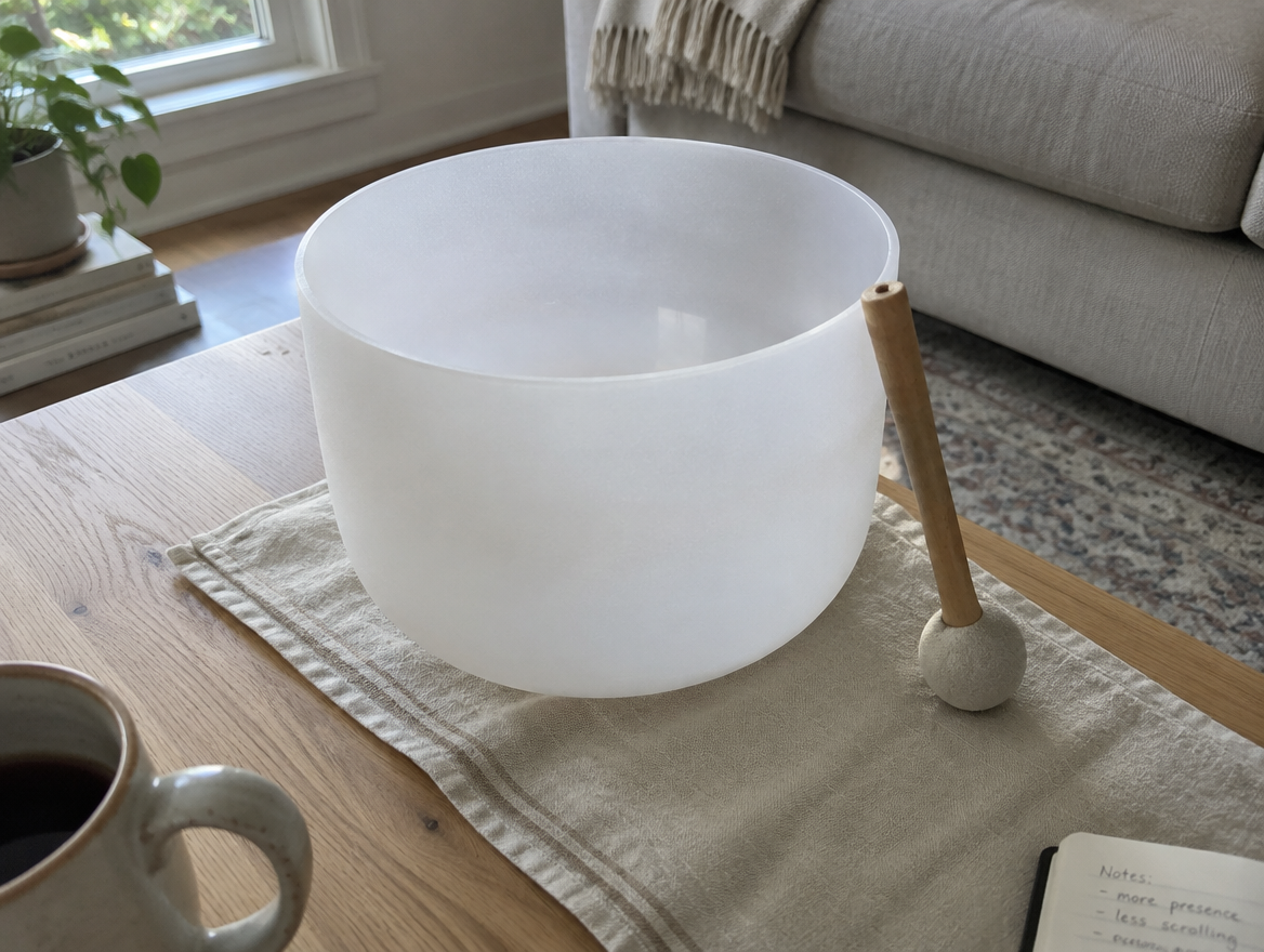 Frosted crystal singing bowl with suede mallet