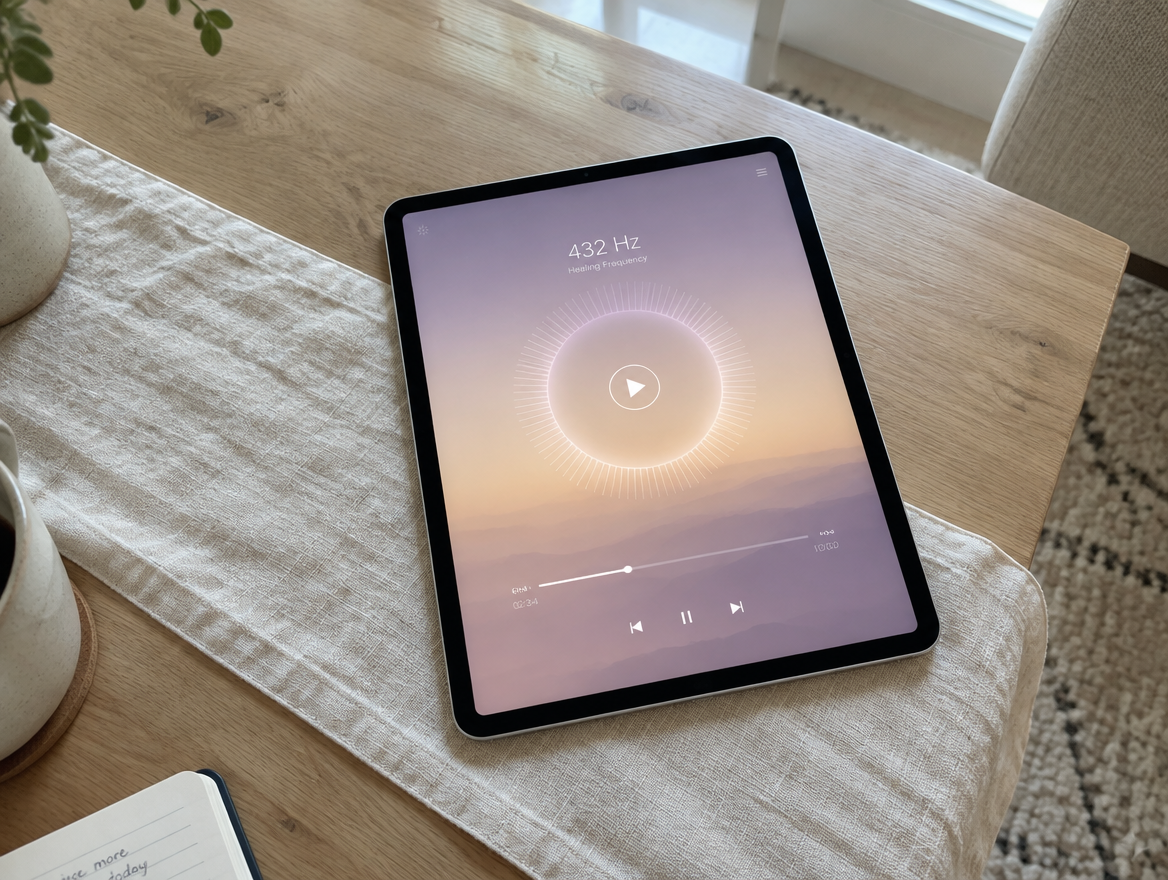 iPad playing a meditation frequency app on a coffee table
