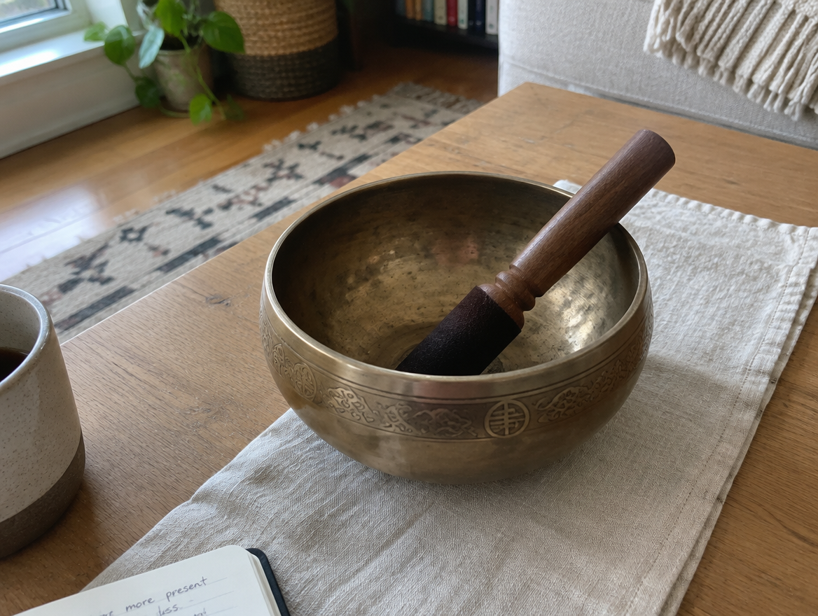 Traditional Tibetan metal singing bowl with mallet