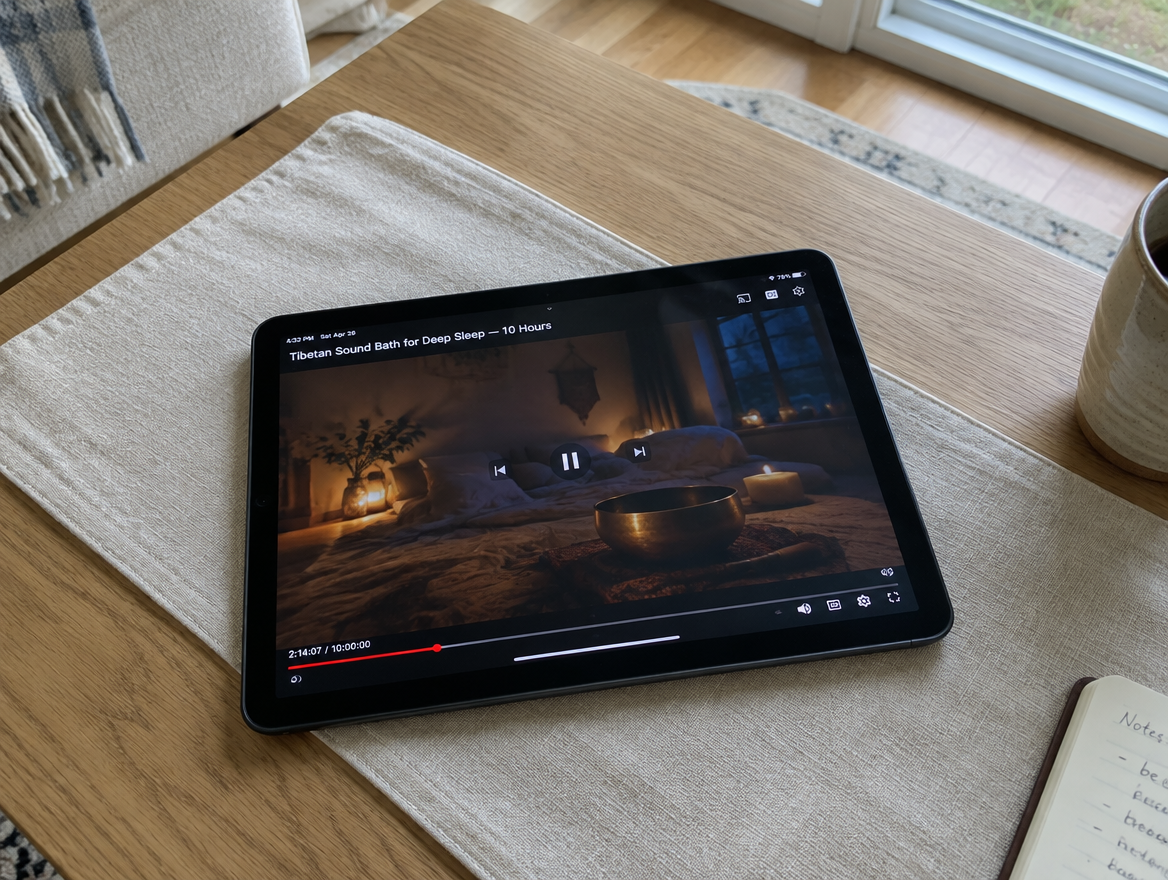 iPad playing a YouTube sound bath video on a coffee table